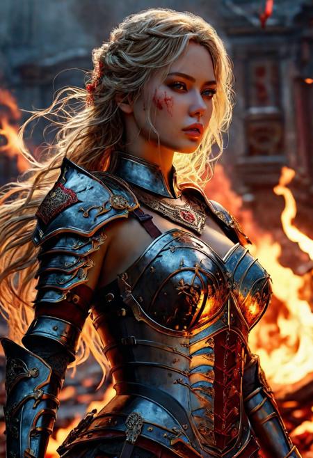 High resolution ultra-realistic of Beautiful Warrior girl, Fantasy style, 8k, capturing the intensity of the moment, dramatic lighting, standing on a bloody and stormy battlefield in a fighting pose, fire, intricately designed shining iron armor, red mini skirt, perfect athletic figure, beautiful Warrior girl, fire, dirty face, ultra realistic, cinematic style, athletic figure, Firm sinewy female slim body, dark fantasy, covered in dirty and blood, cinematic colors Lighting, extremely detailed, 8K, wavy blonde hair, realistic dirty bloody pale face, realistic dark brown eyes, beautiful Warrior girl on in cool iron armor, hyper-detailed, hyper-realistic, bright colours, Attractive 21 old years girl, Attractive, beautiful firm Breasts, sharp focus, digital painting, Photograph Taken on Nikon D750, Alphonse Mucha, 8K, athletic figure, Hyperdetailed, hyperrealism, Attractive, Attractive bust girl, asymmetric balance