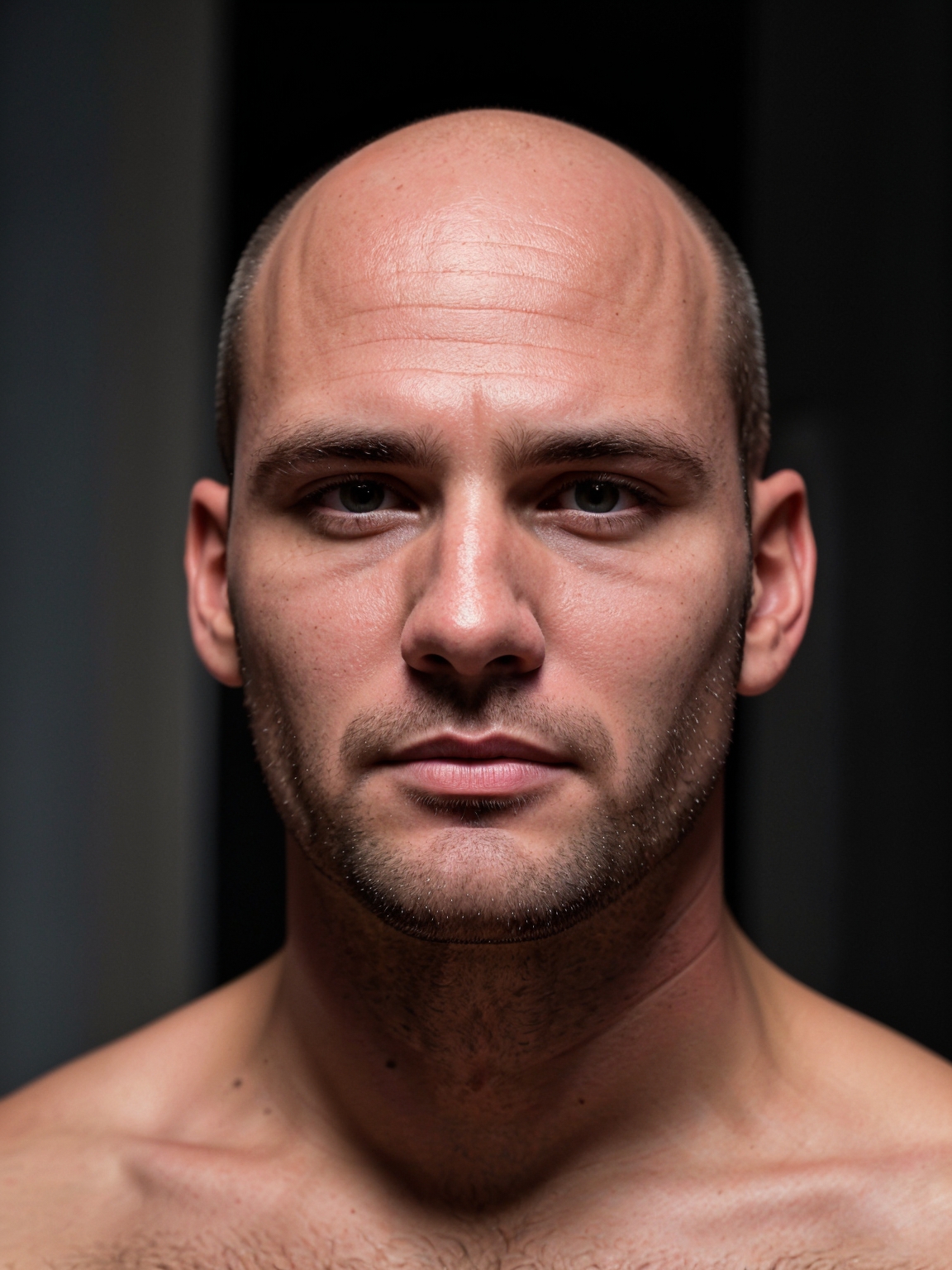 closeup portrait photo of bald 34 y.o man, 8k uhd, high quality, dramatic, cinematic