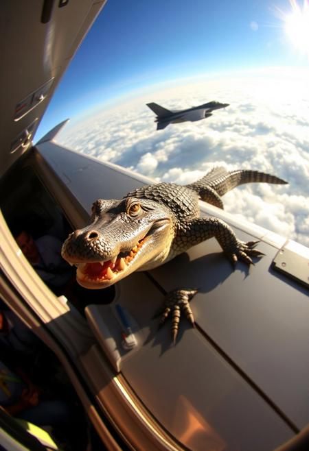 “A crocodile jogging on the wing of an Airbus, its scaly body moving with surprising agility in the wind, looking directly at the viewer through the window of the plane. The scene is captured with a cheap GoPro camera using a hyper fisheye lens, creating a distorted, wide-angle view. The plane is cruising high above the clouds, sunlight reflecting off its metal surface. Inside the cabin, passengers are visible through the window, clearly startled by the sight. The crocodile has a scary, creepy clown smile, its sharp teeth visible as it grins unsettlingly. In the background, an F-35 fighter jet floats among the clouds, adding to the surreal, bizarre atmosphere of the scene.”