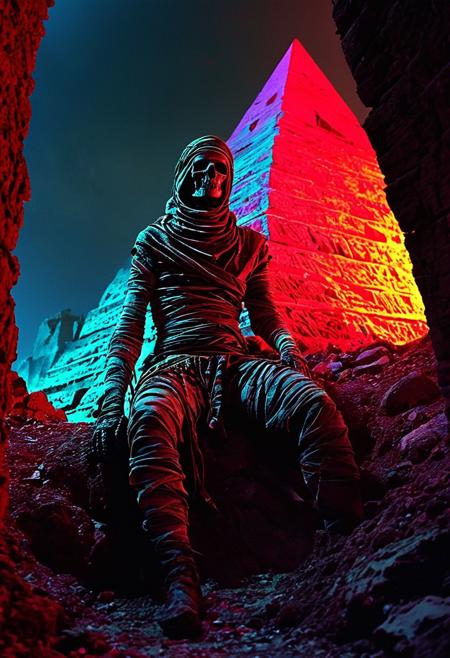 undead mummy wrapped in ancient bandages, awakening in a buried pyramid
silhouette ,
in the style of the decaying empire of Wrstreich, dark magic and grotesque creatures abound, inspired by Sean Aaberg's punk aesthetic, dark fantasy world combines grim landscapes with vibrant, exaggerated neon colorful art, old 80's VHS dark fantasy, VHS screen grab, grainy, old footage