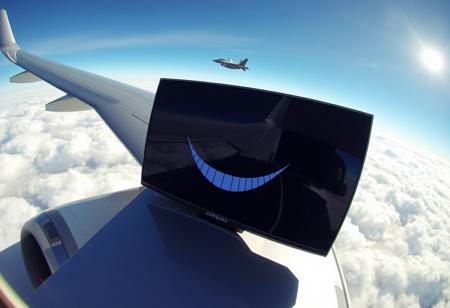 “A Samsung OLED 55” TV jogging on the wing of an Airbus, its sleek, shiny screen reflecting the wind as it moves, looking directly at the viewer through the window of the plane. The scene is captured with a cheap GoPro camera using a hyper fisheye lens, creating a distorted, wide-angle view. The plane is cruising high above the clouds, sunlight reflecting off its metallic surface. Inside the cabin, passengers are visible through the window, clearly startled by the sight. The TV screen displays an unsettling, creepy smile, adding a surreal and eerie atmosphere to the scene. In the background, an F-35 fighter jet floats among the clouds, enhancing the bizarre, dreamlike quality of the moment.”
