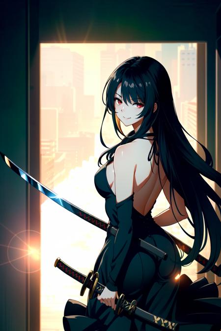 <lora:Ouyang Xueli:0.5> Ouyang Xueli, 1girl, solo, long hair, hair over one eye, black hair, tight dress, halter dress, red eyes, full body, very long hair, frills, evil smirk, yandere, shadows, shaded face, eyes half closed, weapon, weapon drawn, katana, hallway, midnight, yellow diamond pupils, ((Extremely Detailed)), ((Best Quality)), ((Masterpiece)), ((4k)), ((dramatic shadows, vibrant colors, backlighting, depth of field,))