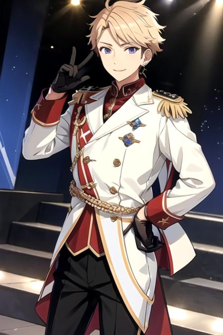 <lora:ArashiNarukami-03:0.75> ,arashi, solo, looking at viewer, smile, blonde hair, gloves, 1boy, jewelry, purple eyes, braid, male focus, earrings, black gloves, pants, epaulettes, idol, aiguillette, stage, idol clothes