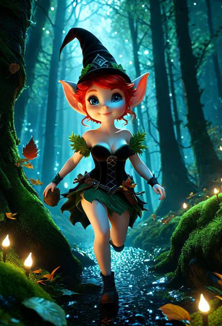 Ultra detailed digital art masterpiece Forest Gnome woman dressed in a green moss and brown leaves, cute ginger Squirrels, running down the mysterious night of the dark forest, a cute magical creature like a Forest Gnome standing in the foresta, dark fantasy. perfect lighting, elegant, unreal engine 5 nanite quality, mixed with dark elements, dark environment, very dark night, clean dark velour witch clothing, dark washed out eyeliner, no make up, natural face, realistic blue eyes, ultra detailed atmospheric details, beautiful glowing effects, sparkle effects, realistic body proportions, beautiful face proportions, complex masterpiece, wavy red hair, creative glowing detailed tattoos, complex physics, enhanced colors, complimentary colors, ultra detailed raytracing reflections, Ultra detailed complex background, environment feels alive, direct eye contact, dramatic lighting, wet and sweaty skin, beautiful firm Breasts, Concept art portrait by Greg Rutkowski