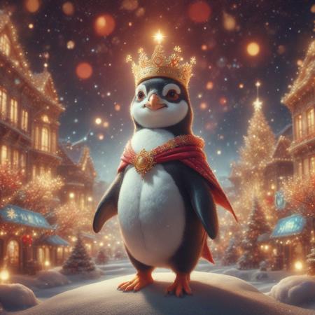 Create a high-quality image of a cute, colorful, adorable penguin wearing a crown in Chronomaly City Babylon. The image should be inspired by the styles of Lan Ying and Cheng Jiasui, with a timelapse effect and a wizard in the background in a t-pose. Incorporate elements reminiscent of Maple Story, The Little Prince, and Odin. The image should be streaming-friendly and have a good balance of colors..ChristmasWintery