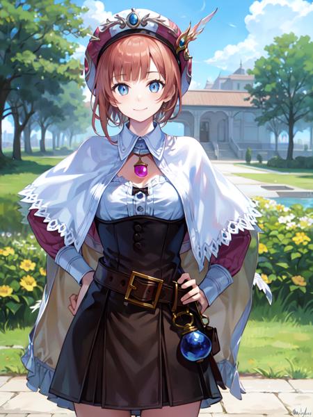 charrorona, 1girl, solo, belt,smile, upper body, short hair, dress, hat, capelet, black bow, pendant, skirt, jewelry,long sleeves, frils, hands on hips, looking at viewer, outdoors, grass, (cloudy sky:1.2),  <lora:roronav1g:1>