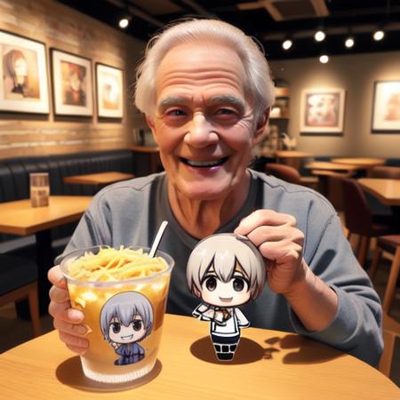 <lora:concept_cafe_v1:0.5>, food, indoors, grin, blurry, pov, eating, table, crossover, drinking glass, cup, realistic, voice actor connection, photo background, voice actor, ANCF, reference inset, photo inset, mug, cup, chibi_inset, multiple crossover, drink, artist name, indoors, signature, old man