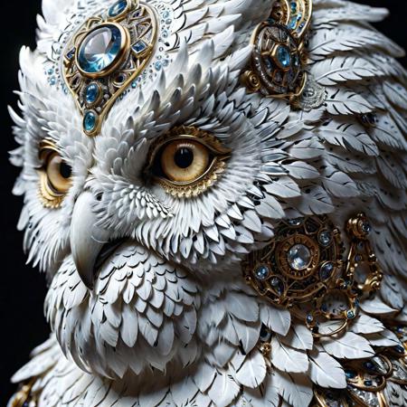 anthropomorphic profile of the white snow owl Crystal priestess , art deco painting, pretty and expressive eyes, ornate costume, mythical, ethereal, intricate, elaborate, hyperrealism, hyper detailed, 3D, 8K, Ultra Realistic, high octane, ultra resolution, amazing detail, perfection, In frame, photorealistic, cinematic lighting, visual clarity, shading , Lumen Reflections, Super-Resolution, gigapixel, color grading, retouch, enhanced, PBR, Blender, V-ray, Procreate, zBrush, Unreal Engine 5, cinematic, volumetric, dramatic, neon lighting, wide angle lens ,no digital painting blur