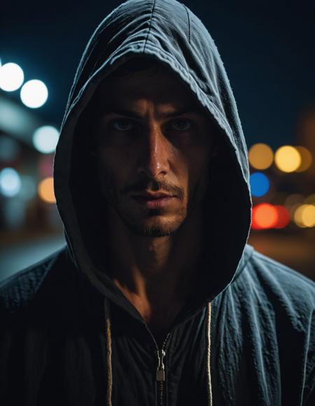 RAW Photograph, a mysterious hooded stranger in the night, detailed skin with visible pores, insane details, masterpiece, 8k, hdr, hyperrealism, 35mm photograph, dslr, kodachrome, raytraced