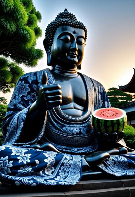 (Made of Indonesian Batik:1.3), closeup male buddha statue Made of Indonesian Batik, zazen sitting, holding watermelon in hand, thumbs up, from below, japan temple garden, sunrise, cinematic, cinematic lighting, (masterpiece, best quality:1.4), ultra-high res, 4k, Photorealistic, insanely detailed, sfw,