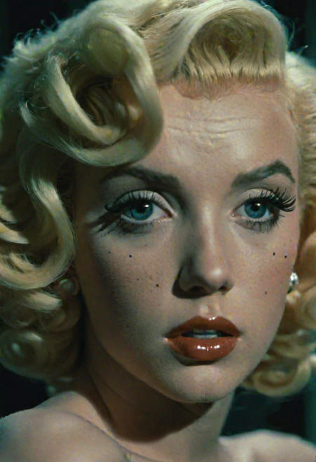 cinematic film still by Carpenter of young Marilyn Monroe, innocent, naive, looking away, cornea reflections, detailed skin texture, subsurface scattering, transluscent skin, skin bump, skin pores, goose bump, skin fuzz, peach skin, vellus hair, indoors, depth of field, dramatic backlighting