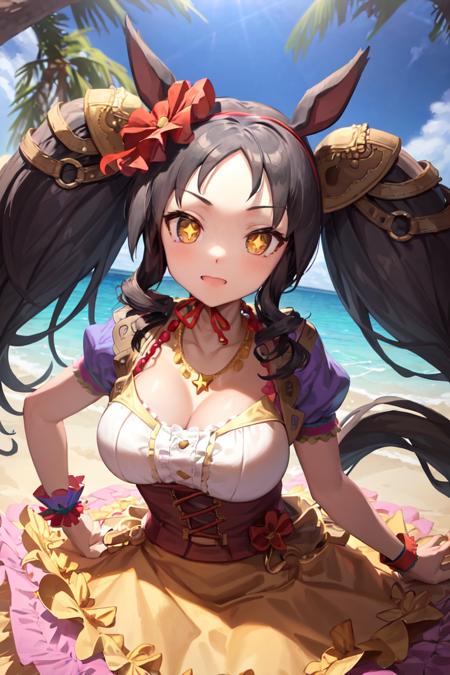 masterpiece, best quality,
marvelous sunday \(umamusume\),
fruits, palm tree, 
hair flower, hair ornament, red hairband, necklace, jewelry, puffy short sleeves, white shirt, center frills, underbust, wrist cuffs, multicolored dress, pink dress, layered skirt, frilled dress, frills, 
<lora:marvelous_sunday_loha:0.8>