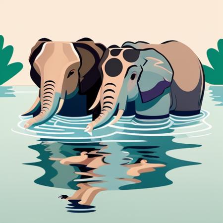 masterpiece, best quality,
style1,flat color,solo,simple background, 
Two elephants are enjoying a refreshing bath in the cool river water. They playfully splash water at each other, delighting in their carefree moment.
 <lora:Inset-V1.0:1>