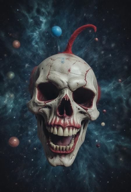full-length photograph of ((A distant disembodied skull/ huge skull only the skull unsupported ((with typical circus-clown makeup), (the skull's face is painted like a circus clown), the neckless and bodiless skull has a red smile painted around the mouth and blue painted around the eyes), fuzzy hair, and terrifying piercing eyes)), its (long snakelike tongue) flails in the wind, the bodiless/ neckless/ disembodied clownskull painted like a circus clown, is seen far in the distance, flying through space floating in the cosmos
Macabre surrealist photograph, strong fisheye-lens photograph (intense fisheye-view photograph), strong bokeh, cinematic photograph, experimental angles, experimental lighting, intricately detailed, very detailed background, realisticvision-negative-embedding, epiCRealism