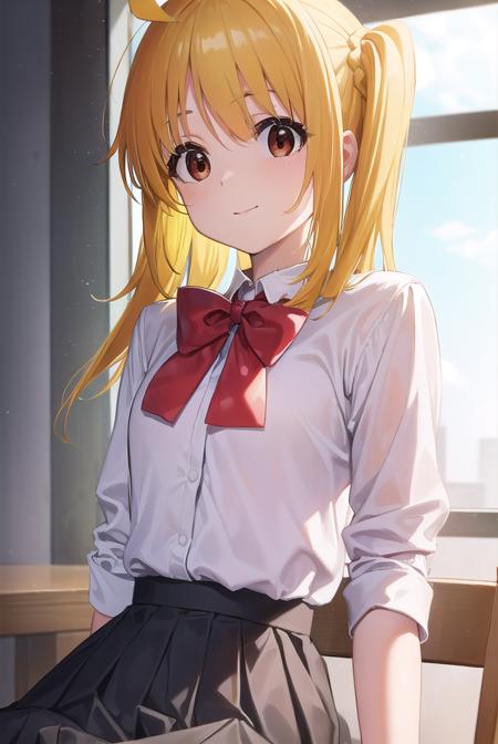 nijikaijichi, <lora:nijikaijichi-lora-nochekaiser:1>, 
nijika ijichi, ahoge, (yellow hair:1.5), (brown eyes:1.5), long hair, one side up, (flat chest:1.2), smile,
BREAK (black skirt:1.5), bow, bowtie, collared shirt, pleated skirt, polka dot, polka dot bow, red bow, (red bowtie:1.5), red footwear, shirt, shoes, short sleeves, skirt, socks, (white shirt:1.5), white socks,
BREAK indoors, classroom,
BREAK looking at viewer, (cowboy shot:1.5), 
BREAK <lyco:GoodHands-beta2:1>, (masterpiece:1.2), best quality, high resolution, unity 8k wallpaper, (illustration:0.8), (beautiful detailed eyes:1.6), extremely detailed face, perfect lighting, extremely detailed CG, (perfect hands, perfect anatomy),