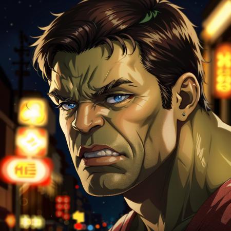 hulk, intense and photorealistic portrait, clenched teeth, clenched hands, upper body, streets, night, intricate details, masterpiece, absurdres, best quality, realistic <lora:hulk-000020:0.7>