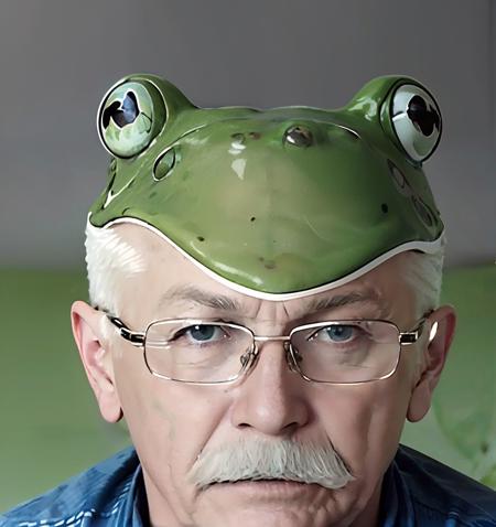 (best quality), masterpiece, an extremely delicate and beautiful, extremely detailed, CG, unity , 2k wallpaper, amazingly detail, light smile, extremely detailed CG unity 8k wallpaper, huge filesize, ultra-detailed, highres, soft light, (best shadow), statuesque man, old man, ((man in frog costume:1.4, face)), Mikhelev Vladimir, mustache, looking at viewer, glasses, ((((short hair)), white hair)),  <lora:mikhelev:0.8>, <lora:YoneymaMaiStyle:0.5>