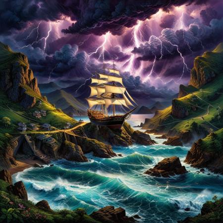 Oil pastel landscape scene where sea waterspout storm with lightning is the focal point. The storm dominates the skyscape while in the foreground a tall pirate sailboat in a steep mountain pass. ((Highest quality: 1.0), (High resolution: 1.0), (masterpiece: 1.0), beautiful and aesthetic: 1.3), extremely detailed, colorful, very detailed, ((ultra-detailed)), (highly detailed CG illustration), ((Dark and purple hues, shadow, mysterious,)),