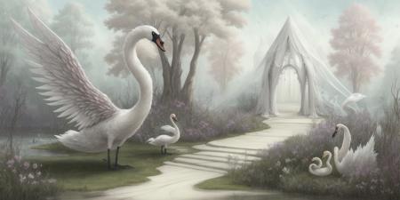 <lora:concept art-v1.0:1> concept art, Whimsical Surrealism, Graceful Swan, Enchanted Forest, Pastel Hues and Soft Neutrals, Gentle Sunlight Filtering Through Trees, Serene Atmosphere, Fairy-Tale Architecture, Delicate and Translucent Textures, Curved and Flowing Shapes, Harmonious Composition, Symbolic Elements, Sense of Tranquility, Mixed Media Collage, Mythical Beast Companion, Enigmatic Flora, Celestial Stars, Mystical Mist, Dawn Awakening, Otherworldly Vibes, Element of Surprise
