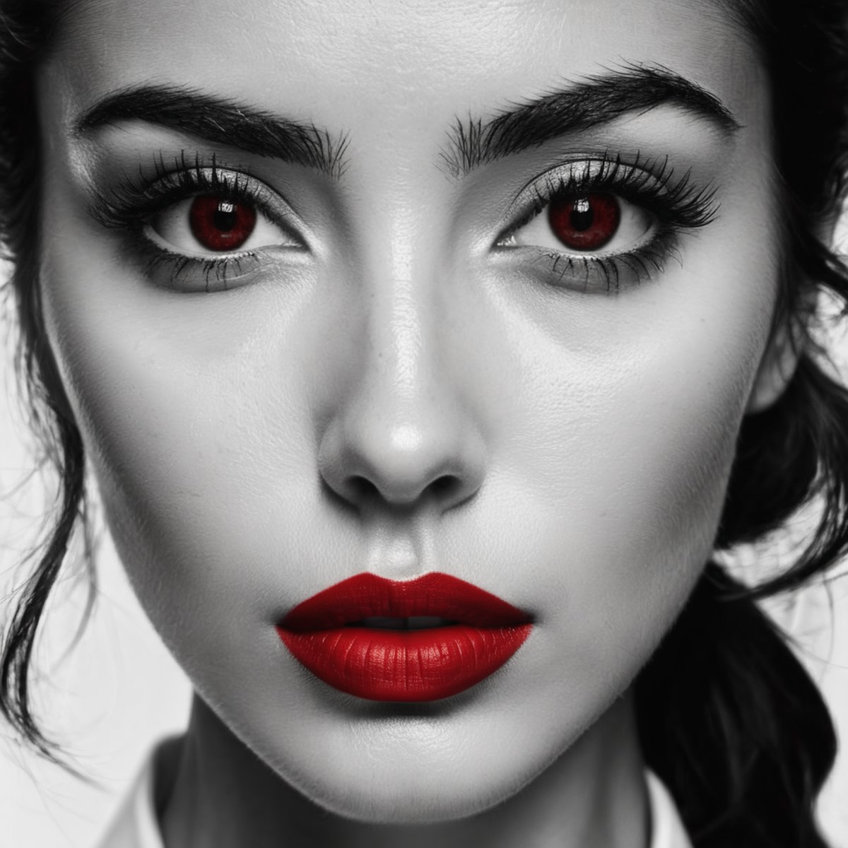 Monochrome Red A RAW cinematic style photograph of a beautiful 28yo [Italian] woman. Long eyelashes, [tiger eyes], (lookin...