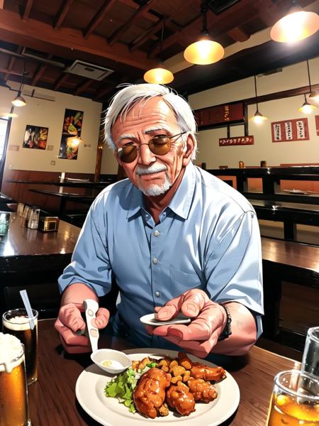 masterpiece, best quality, ultra-detailed, illustration,
murayakuba, izakaya, scenery, ceiling light, indoors, stool, reflection, menu, counter, shop, bottle, ceiling, lamp, poster (object), 
(older man), silver hair , short cut, (mascular male:1.5), (sunglasses), cowboy hat, laughing, beer mug, beer, salad, food,karaage, 
 <lora:Murayakuba:0.8>