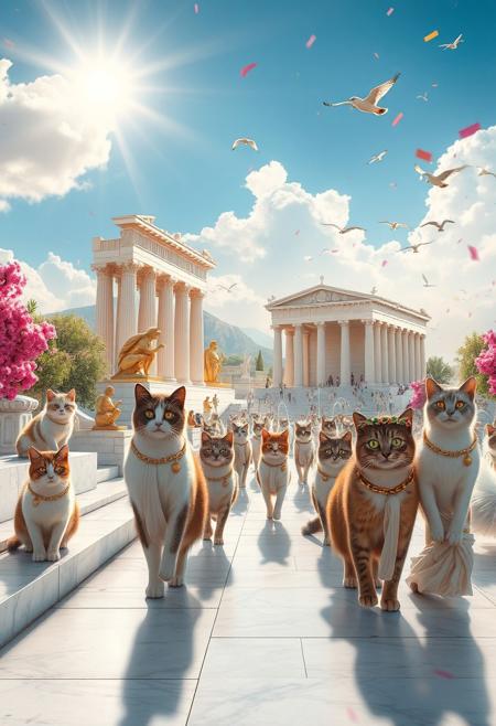 A glorious city in Ancient Greece populated entirely by majestic cats. Wide cinematic shot of a luxurious white marble acropolis, towering columns, golden statues of cat gods, and ornate temples inspired by the Parthenon. Dozens of beautiful cats with glowing eyes walk proudly in flowing white and gold togas, adorned with olive wreath crowns and golden jewelry. The sky is blue with radiant sunlight, pink and purple flowering trees sway in the breeze, and colorful confetti floats in the air. Fountains spray rose-scented mist, while cats lounge on steps, leap across rooftops, and bask in the divine atmosphere. Marble roads reflect soft light, birds soar overhead, and everything sparkles with mythical elegance. 4K photorealistic detail, shallow depth of field, cinematic lens flare.