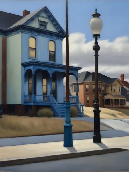 <lora:03realismPainting_Hap_XL:2.5>,realism,American art,oil painting,peaceful, sale sign, lamppost, blue sky, cloudy, suburban, daytime, Victorian architecture, urban, neighborhood, muted colors, quiet, historic,