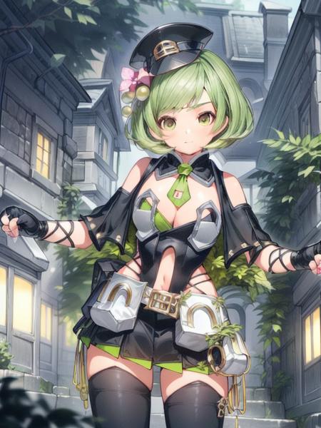 Aragonese,green hair, short hair, hat ,black dress, miniskirt, thighhighs,boots, 