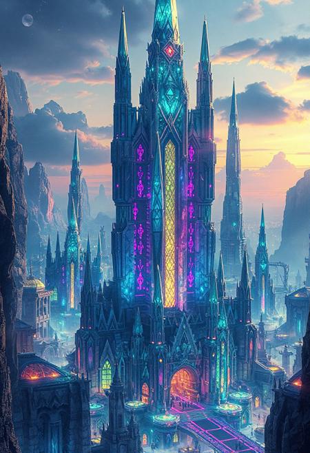 best quality, masterpiece, amazing quality, very aesthetic, absurdres, biopunk, crystal civilization, epic fantasy, crystal skyscrapers, bioluminescent towers, majestic, glowing crystal architecture, intricate temples, vibrant colors, deep lighting, blues, purples, greens, ancient-futuristic city, surreal design, otherworldly