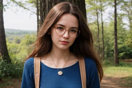 35mm film, one pretty european girl, solo, supermodel, long light brown hair, long wavy hair, pale skin, perfect face, small nose, blue eyes, lips, big tits, nice breasts, necklace, black frame glasses, short blue lace dress with a belt, white heeled shoes, looking at viewer, looking directly at viewer, a breathtaking forest view, offering panoramic views of majestic and sweeping trees, nature light, early spring season, full body view of girl, epiCPhoto, <lora:pytorch_lora_weights:0.5>, <lora:picxer_real:0.7>, <lora:FilmVelvia3:0.3>, <lora:more_details:0.6>