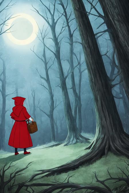 2d animation classic style little girl red riding hood in a creepy forest midnight moonlight atmospheric
(masterpiece:1.2) (cell shading) (animation) (flat color illustration:1.1) (best quality:1.2) (clean lines)