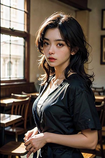 Best quality, masterpiece, ultra high res, (photorealistic:1.4), raw photo, 1girl, waist up, in coffeeshop, deep shadow, dark theme