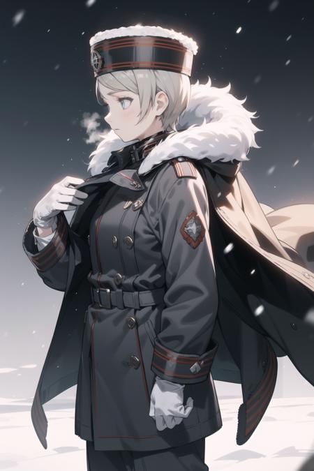 <lora:tatiana-000025:1> tatiana wisla, jacket on shoulders, military uniform, military hat, white gloves,
1girl, winter, snow, trembling, blizzard