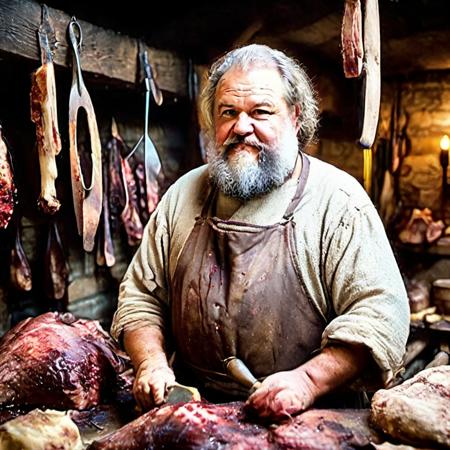 highly detailed candid photo of butcher:1.2,


solo, 1boy, holding, weapon, white hair, male focus, apron, facial hair, beard, mustache, old, old man,

masterpiece, best quality:1.1, realistic:1.3,
back lighting:1.2, dark medieval abattoir,

ultra photoreal, photorealistic:1.0, sharp focus:1.1, 
depth of field:1.1, 

50mm, style of Nathan Wirth, Hasselblad X1D II, Porta 160,
