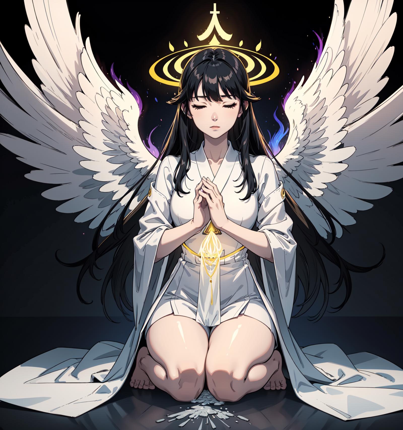 A Cartoonish Angelic Figure Sitting in Prayer with a Halo and Wings.