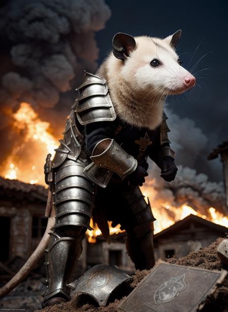 Possum wearing insanely detailed metal battle armor standing on a pile of skulls, village on fire in background, Alessandro Casagrande, Greg Rutkowski, two tone lighting, dimly lit, low key, high definition RAW photo,  sharp focus, masterpiece <lora:Possum:0.3> <lora:epiNoiseoffset_v2:0.7>