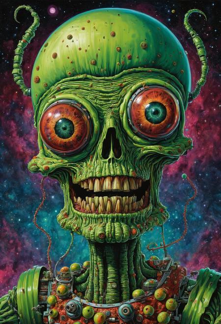 Mars Attacks, in the style of iconic pop culture caricatures, cosmic horror, grotesque caricatures, giuseppe arcimboldo, schizocore, colorful moebius, green academia