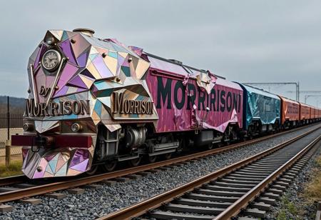 “A train made entirely of bismuth, with an iridescent, multicolored exterior and an asymmetrical, crystalline texture, travels along a railway. The lead car of the train bears the inscription ‘MORRISON’ in bold, stylized letters, integrated into its metallic surface. Following closely behind is another car with the inscription ‘by Max,’ also crafted from bismuth and shimmering with vibrant colors. The surreal train, captured in stunning detail through Panavision Prime Aspherical cinema lenses, moves along the tracks with a mesmerizing display of colors and textures, as if the mineral itself has come to life in the form of a locomotive.”
