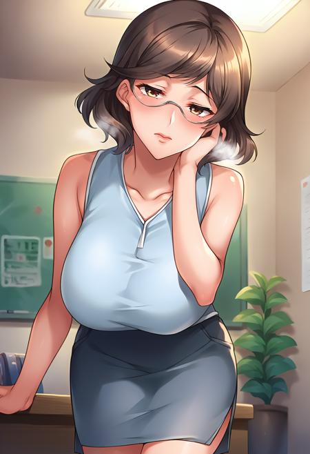 ct_4nna, short hair, brown eyes, semi-rimless eyewear, huge breasts, light blue sleeveless shirt, blue pencil skirt,