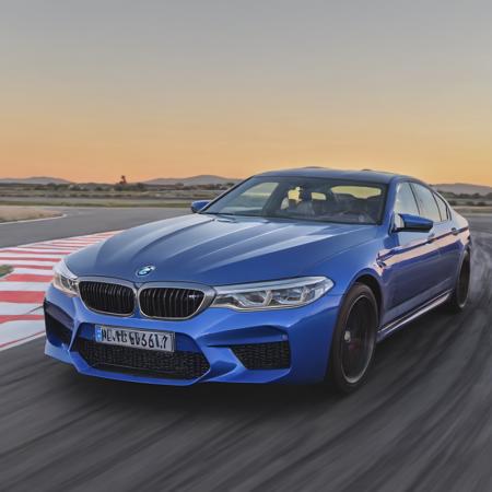 bmw m5 on race track at dusk, 8k uhd, hdr, high quality, cinematic lighting, 4k, 8k, (ultra-realistic:1.1), high-resolution, shot on Canon 5D, DSLR, wide angle shot, 28mm, bokeh <lora:bmw_m5:1>