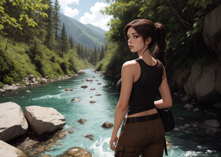 character: 1girl, woman, solo, Lara, cowboy_shot, short ponytail, brown hair, BREAK, clothing: black tank top, khakis, boot, BREAK, location: river, rocks<lora:LaraCroft-05:1><lora:LaraCroft-05:1>