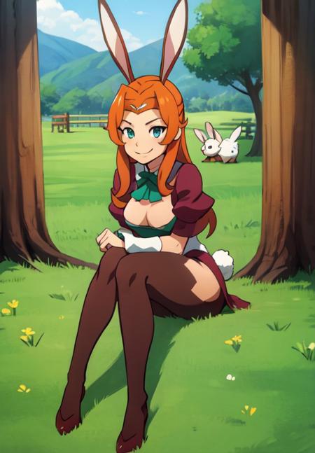 <lora:gate_d:0.8>, gate_d, rabbit girl, sitting, grass, smile