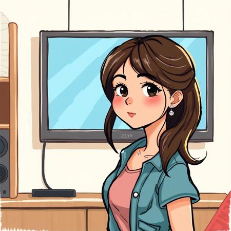 a 25yo girl, strong minded, confident, hanging a tv, high-quality drawing, flat drawing, warm color palette, matte colors, natural lighting