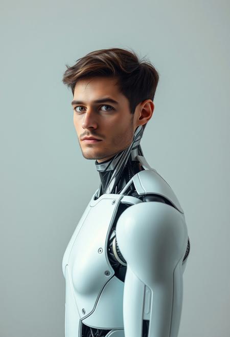 photo portrait of a man stands in front of camera, body slightly turned, looks into camera, high detailed, neutral background, with tiny details of a robot (andriod) but more as a human, realistic photo