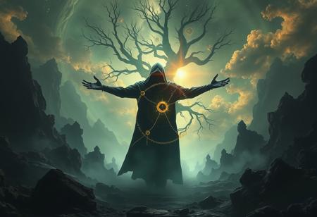 A universe inside a dark cloaked figure within mysterious landscape in an unfathomable realm of fantastic creation inhabited by ancient shadows of a forgotten time beyond the gate of the gateless gate where life is limitless, light is shadow and shadow is light, eerie sense, horror, spark of the beginning, existence and nonexistence at once, ethereal, outstretched arms, behold the end of the beginning, inglorious glory to the dark one, betrayal of the ancient order, beware the 7headed beast, destroyer of the old ways, bearer of the unbearable, nightmarish, archaic runes, tree aging backwards, breath of the gods, ruins of a place unimagined, extreme intricate detail, photorealistic, beyond epic scene, fate discarded, unseeable face of god, the end is the beginning, the beginning is the end, man arises as god dies, as above so below, as below so above, emerald tablet, thoth, guardian and saboteur of existence, hopeless hope, ghosts of the unborn, conception of the inconceivable, cosmic well of imperceptible perception, evil aura, infinite emptiness, pillars of void, overwhelming subtlety, abstract sacred geometry, beams of readiness without intention, gift of doom, despair of the ages, hidden secret warnings from dead gods, hand carved by the conductor of unholy loneliness with the sands of time incarnate, farewell her majesty of the most high, adorned with otherworldly artifacts