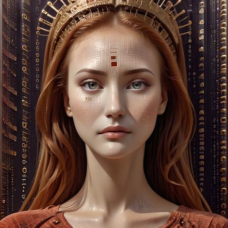 Portrait of gorgeous female wearing red digital long dress, long red hair, freckles,  streams of colorful digits, matrix, masterpiece, inspired by Leyendecker, ornamental, throne, iridescent, detailed, abstract, ornamental dress, occult ceremonial mask,
<lora:Code__Digital_World_Morph_v2_PONY_XL_by_UOC:1.4> codeandigital, cyberw0rlds, c0dean0igital