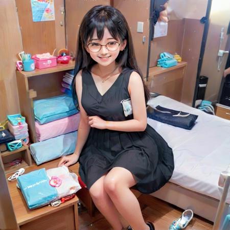 best quality, ultra-detailed,
hakohel, scenery, door, indoors, bag, wooden floor, toothbrush, shelf, bed, tissue box, 
1girl, solo, glasses, jewelry, long hair, necklace, smile, black hair, looking at viewer, black dress, sleeveless dress, bracelet, choker, sitting,
 <lora:hakohel_SDXL_V1:1>