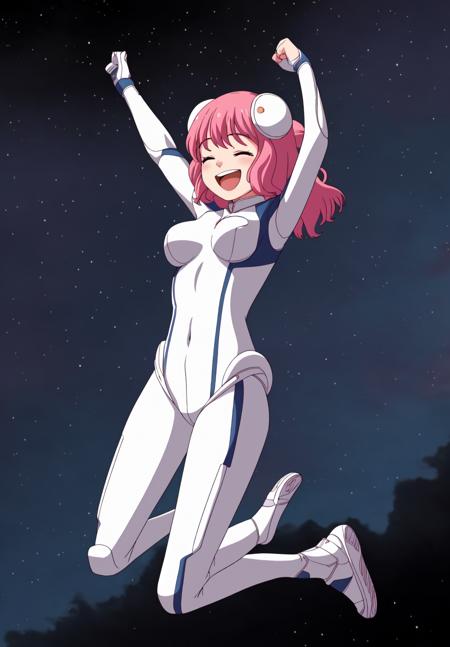 <lora:Aries_Spring:0.6>, Aries_Spring, 1girl, solo, breasts, smile, open mouth, full body, closed eyes, arms up, bodysuit, covered navel, star (sky), jumping, pilot suit, white bodysuit