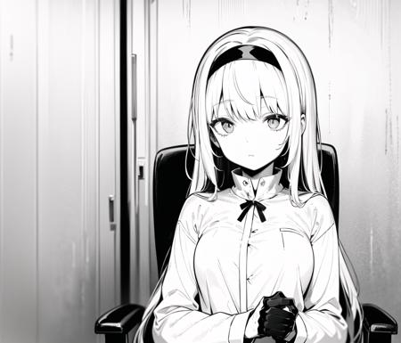 <lora:Hatsu2-10:1>,  <lora:animeLineartMangaLike_v30MangaLike:1>, monochrome, greyscale, lab, black hairband, long hair, chair, sitting, chained wrists