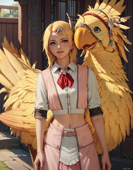 Esther Riding chocobo Petting chocobo Pink skirt Western tie Blonde hair Blue eyes